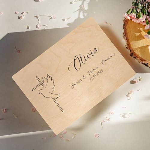 Creative Deco Croix Colombe boîte bois communion 40x30 cm