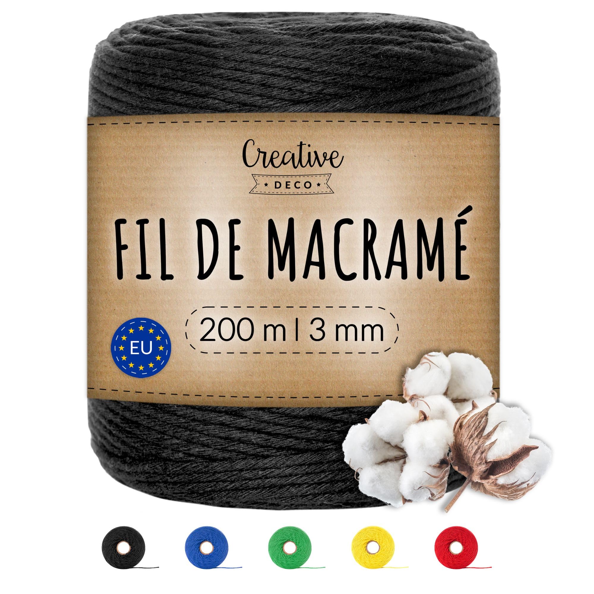 Creative Deco corde macramé coton noir 3 mm 200 m