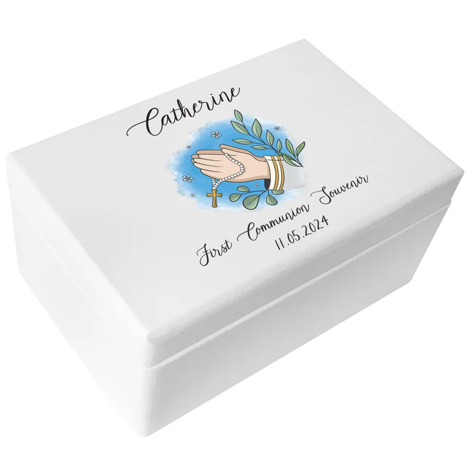 Creative Deco boîte souvenir bois blanc prière chapelet 30x20x14