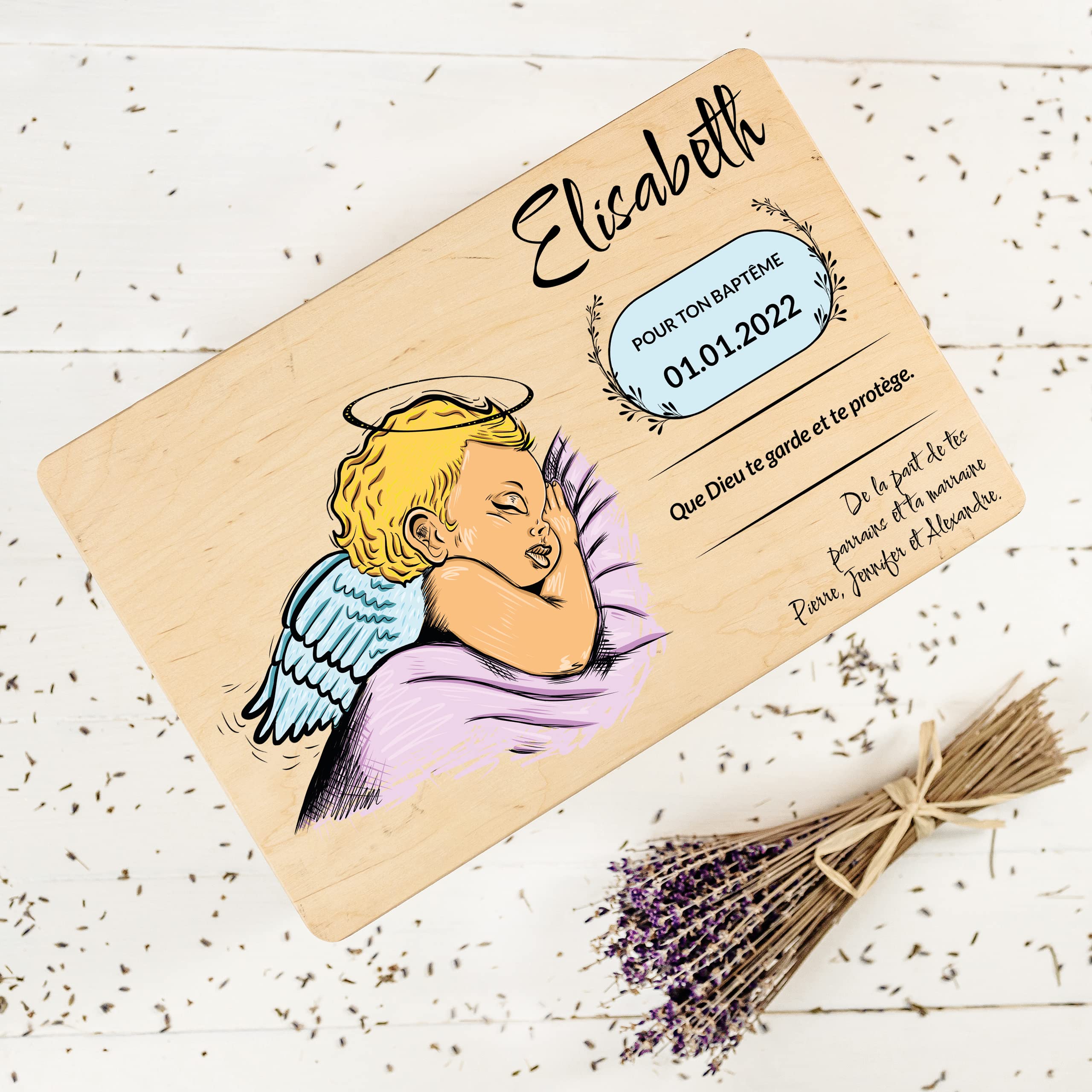 Creative Deco Boîte Bois Baptême Ange Personnalisée 30x20 cm