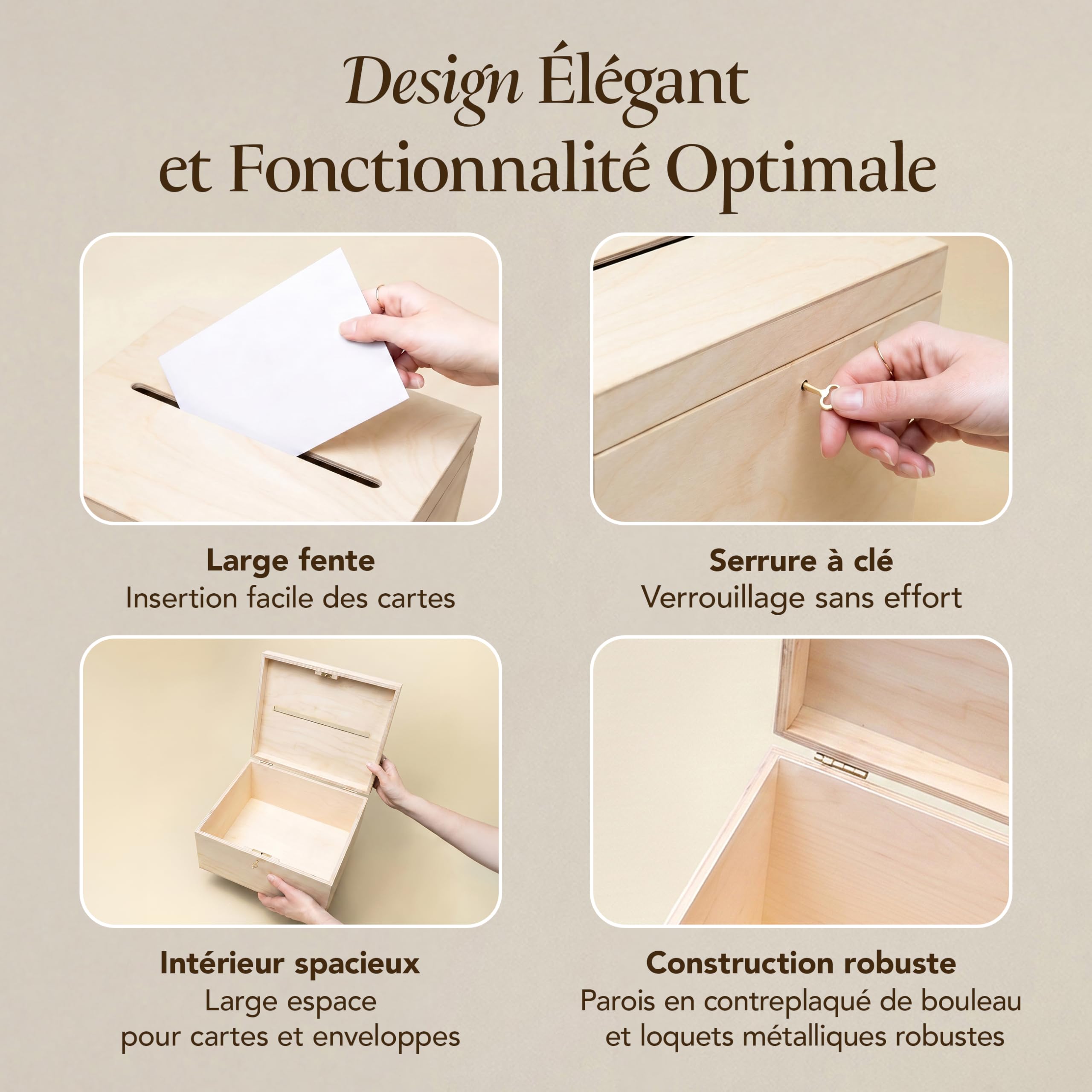 Creative Deco Urne bois 29x25x15 cm couvercle clé naturel