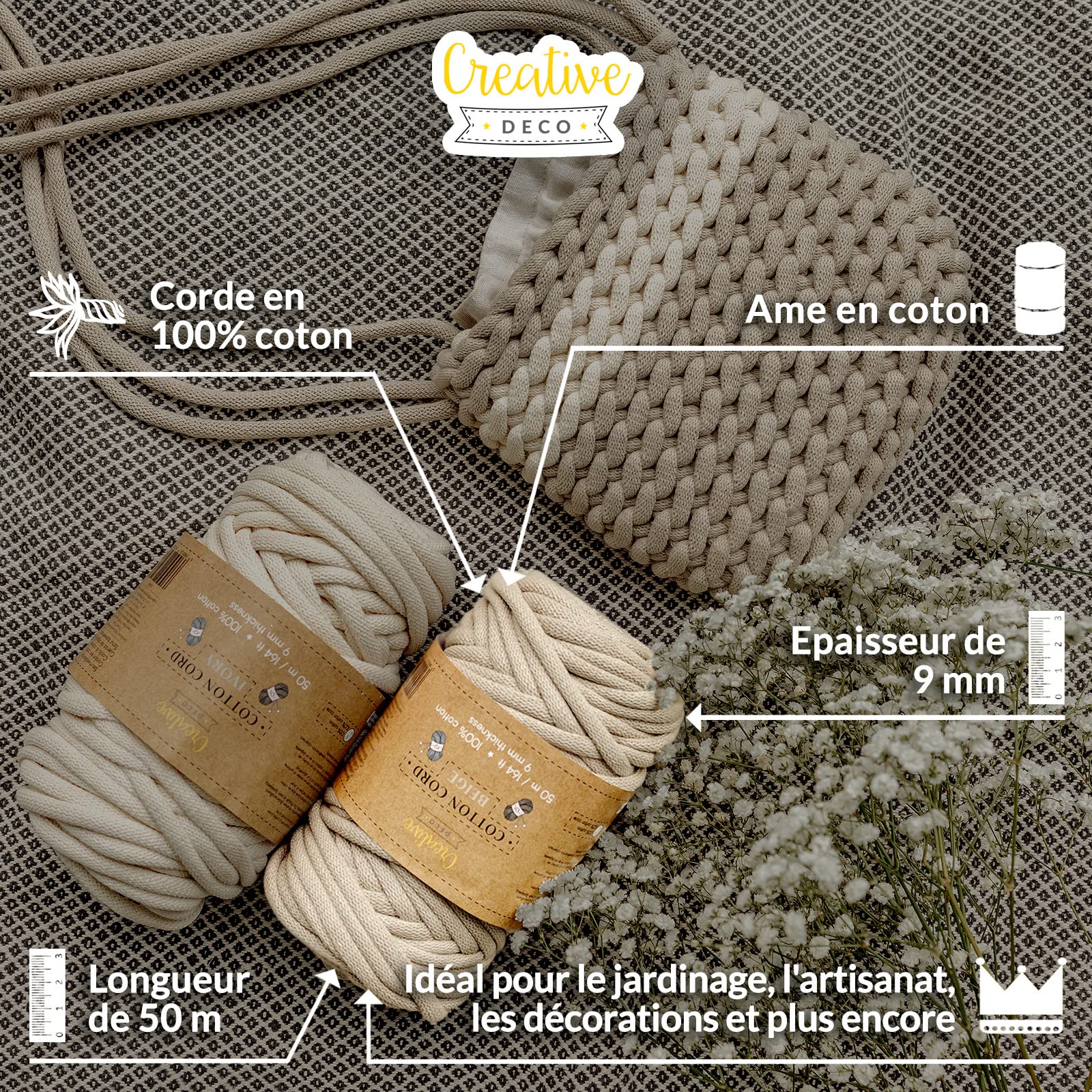 Creative Deco Corde Macramé Coton Beige 9mm 50m