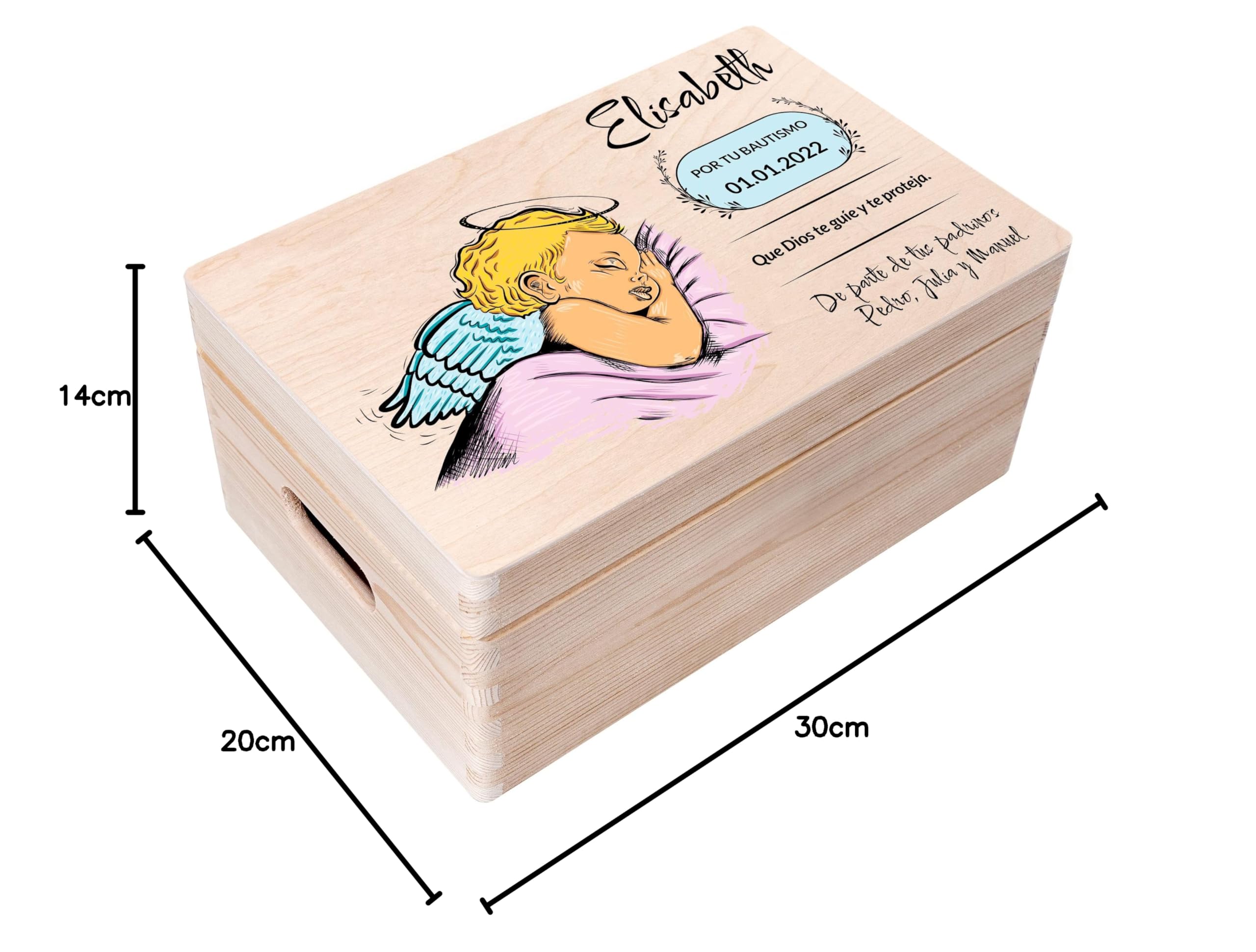 Creative Deco Boîte Bois Baptême Ange Personnalisée 30x20 cm