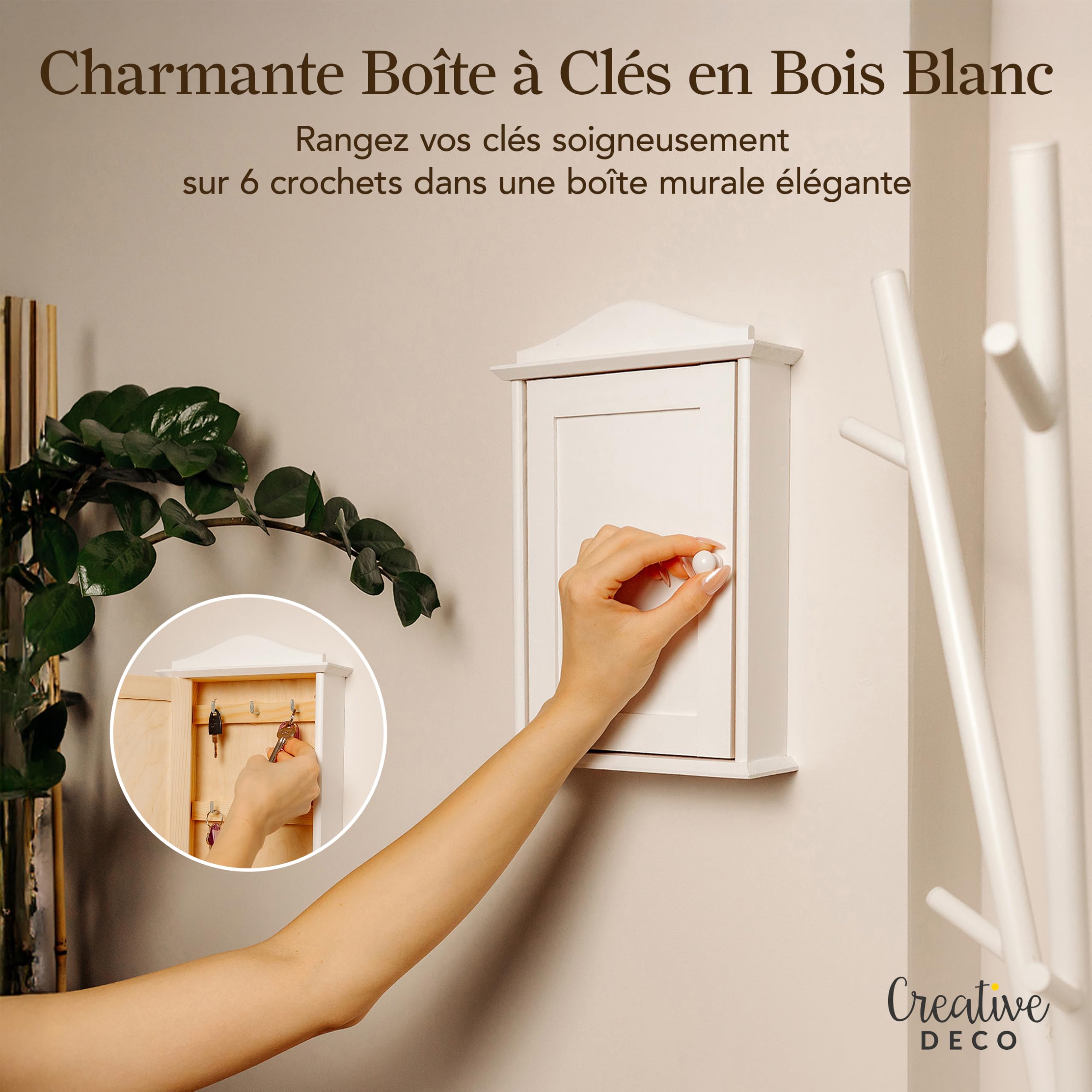 Creative Deco boîte à clés murale bois blanc 6 crochets