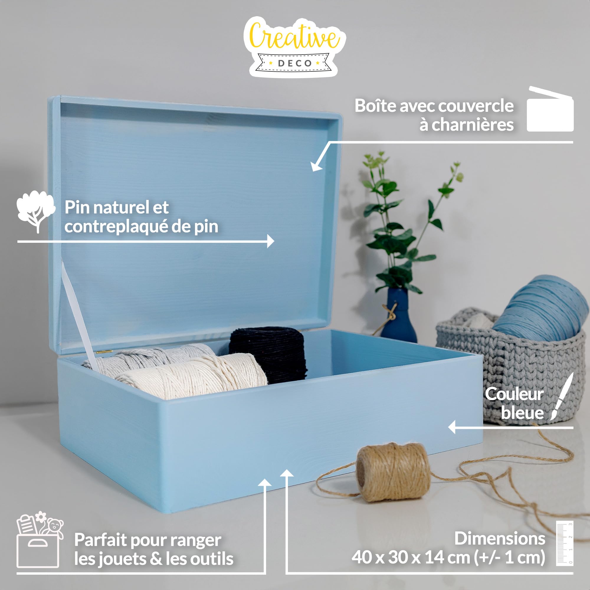 Creative Deco Wood boîte bois bleu 40x30x14 cm avec couvercle brut