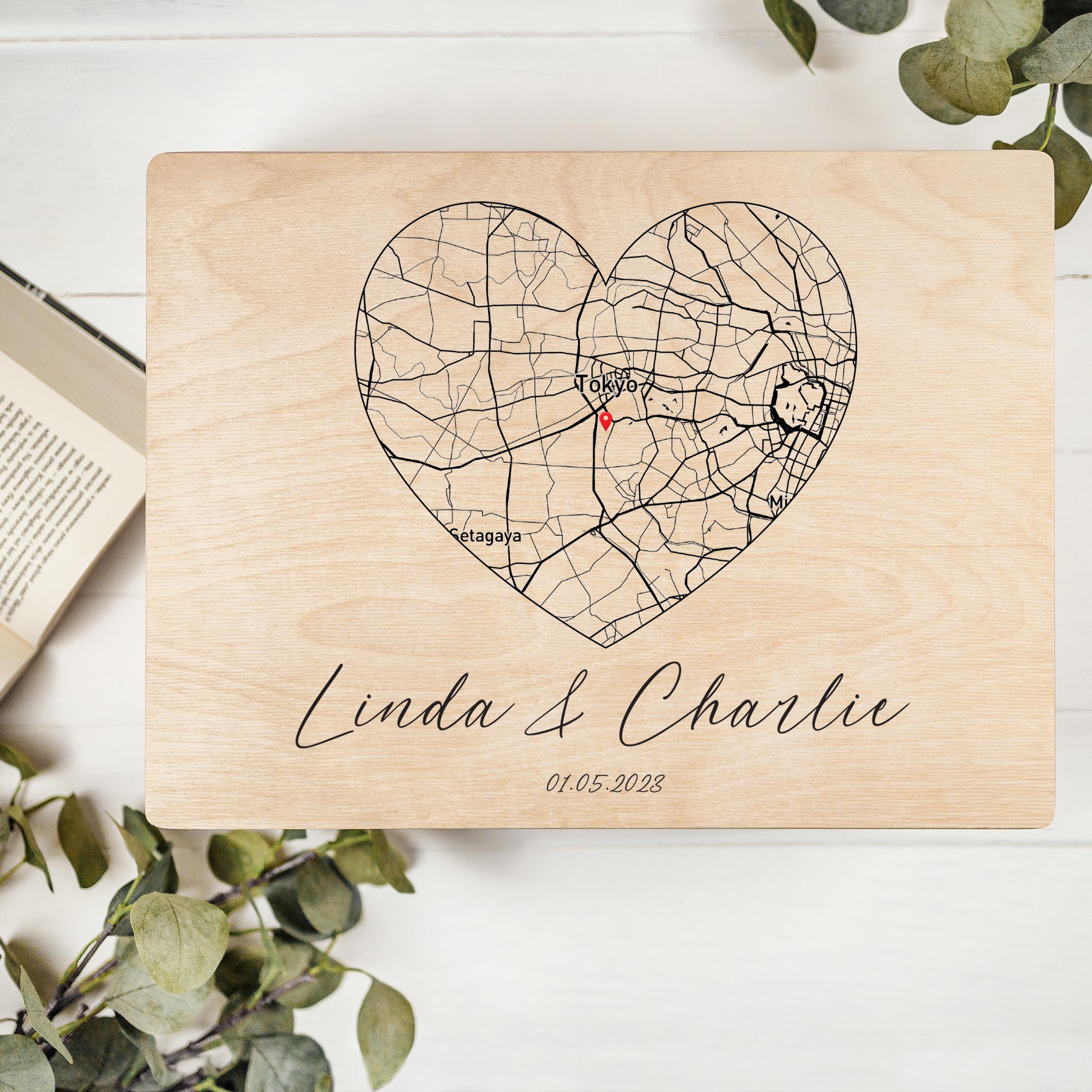 Creative Deco Boîte bois personnalisée Cœur 40x30 cm carte coordonnées
