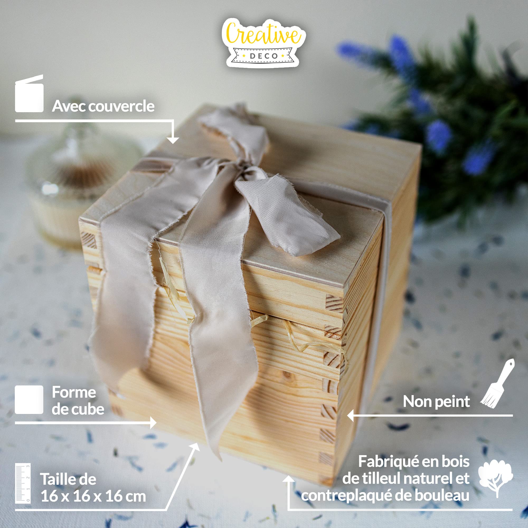 Creative Deco Boîte Carrée 16x16x16 cm Boîte Bois Brut à Décorer