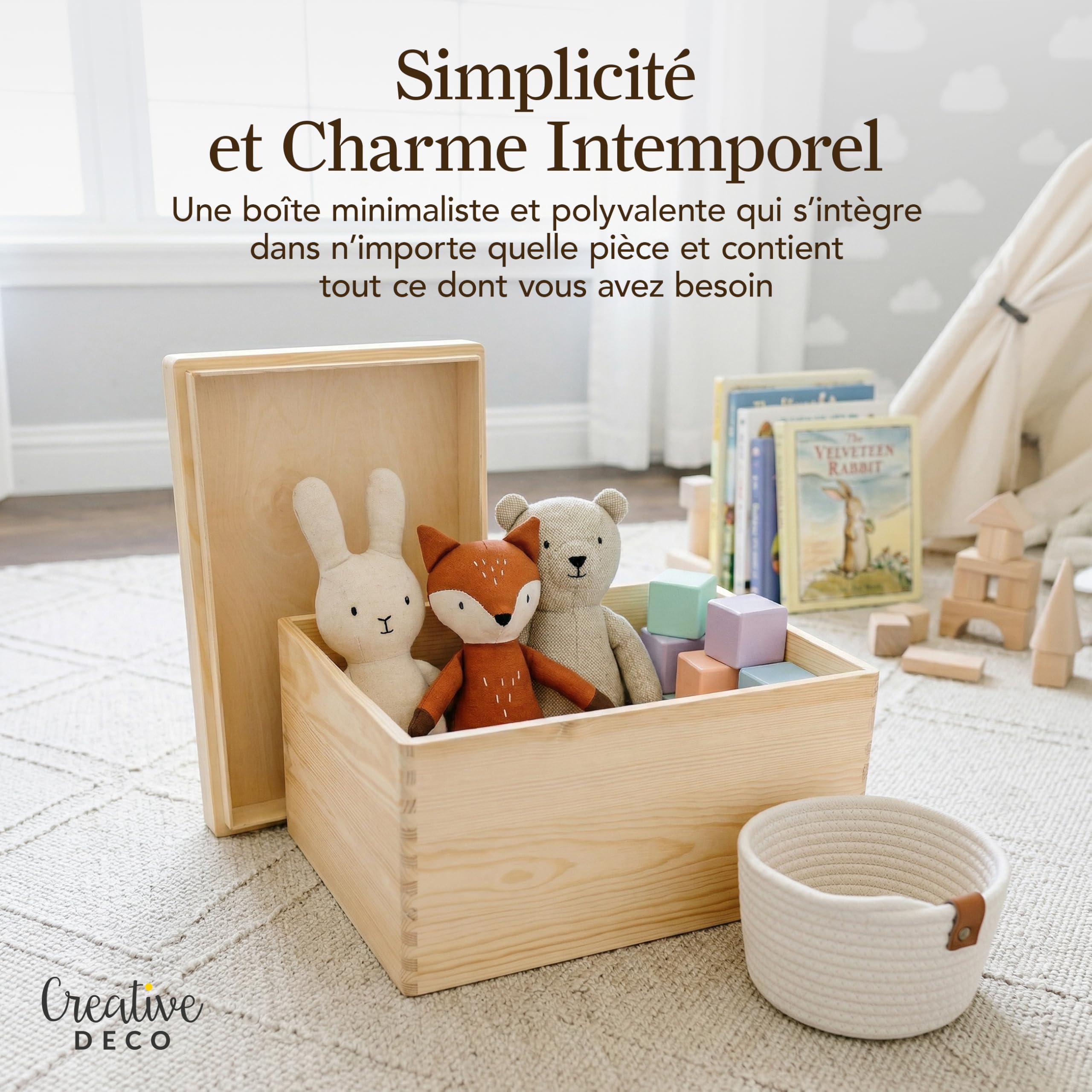 Creative Deco Boîte Rangement Bois Brut 40x30x22 cm