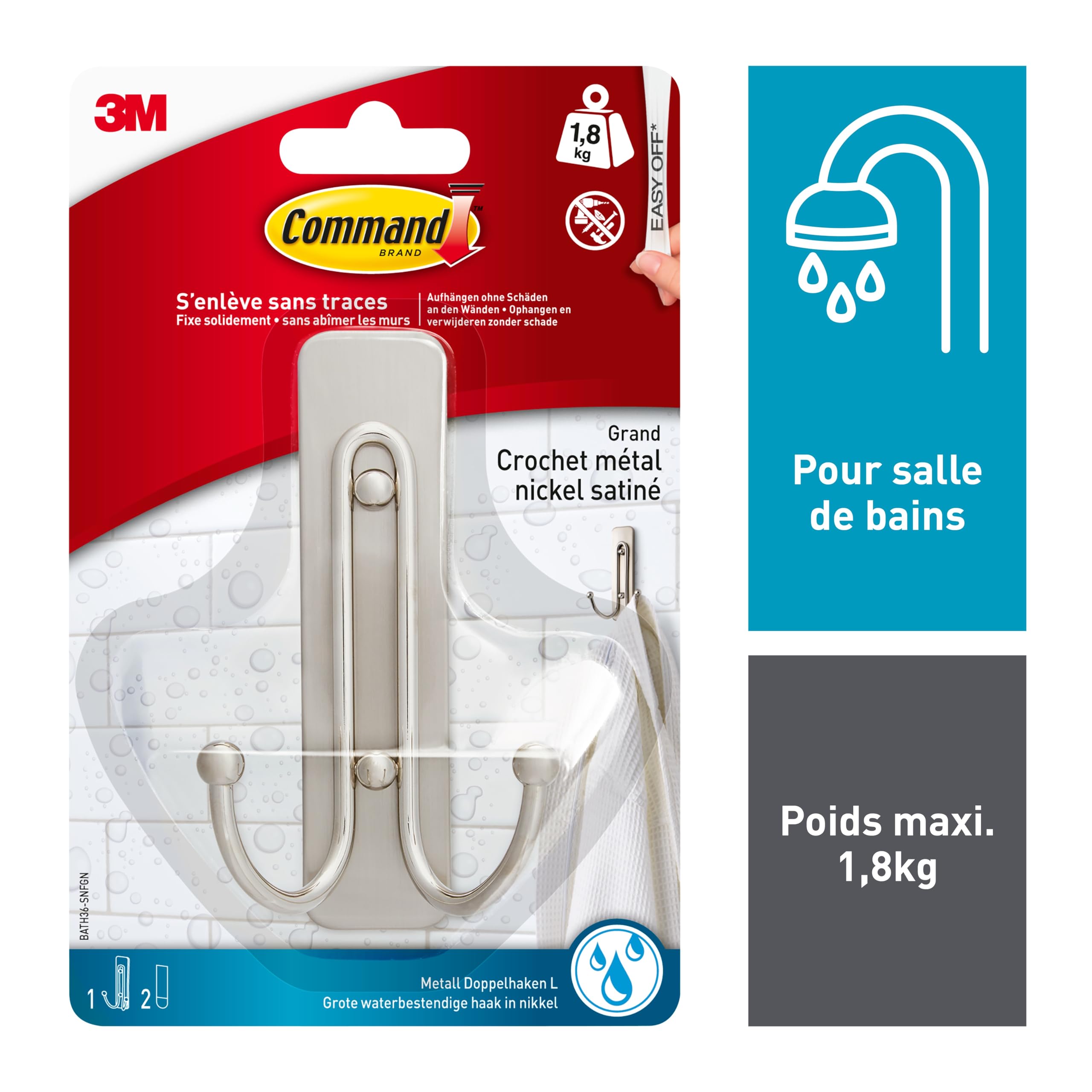 Command crochet double nickel satiné 1,8kg sans perçage