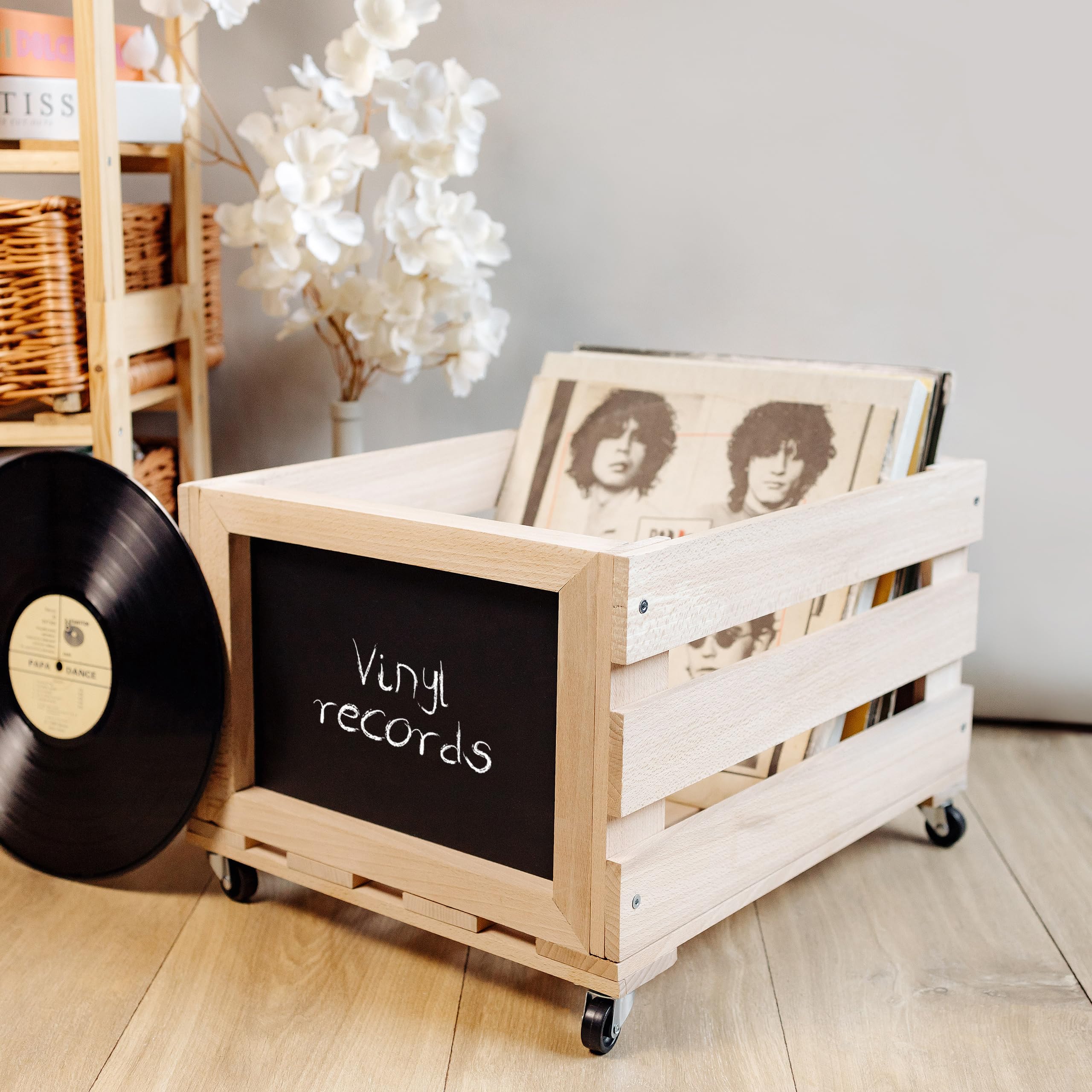 Creative Deco Caisse Bois Vinyles 46x36x29 cm hêtre roulettes