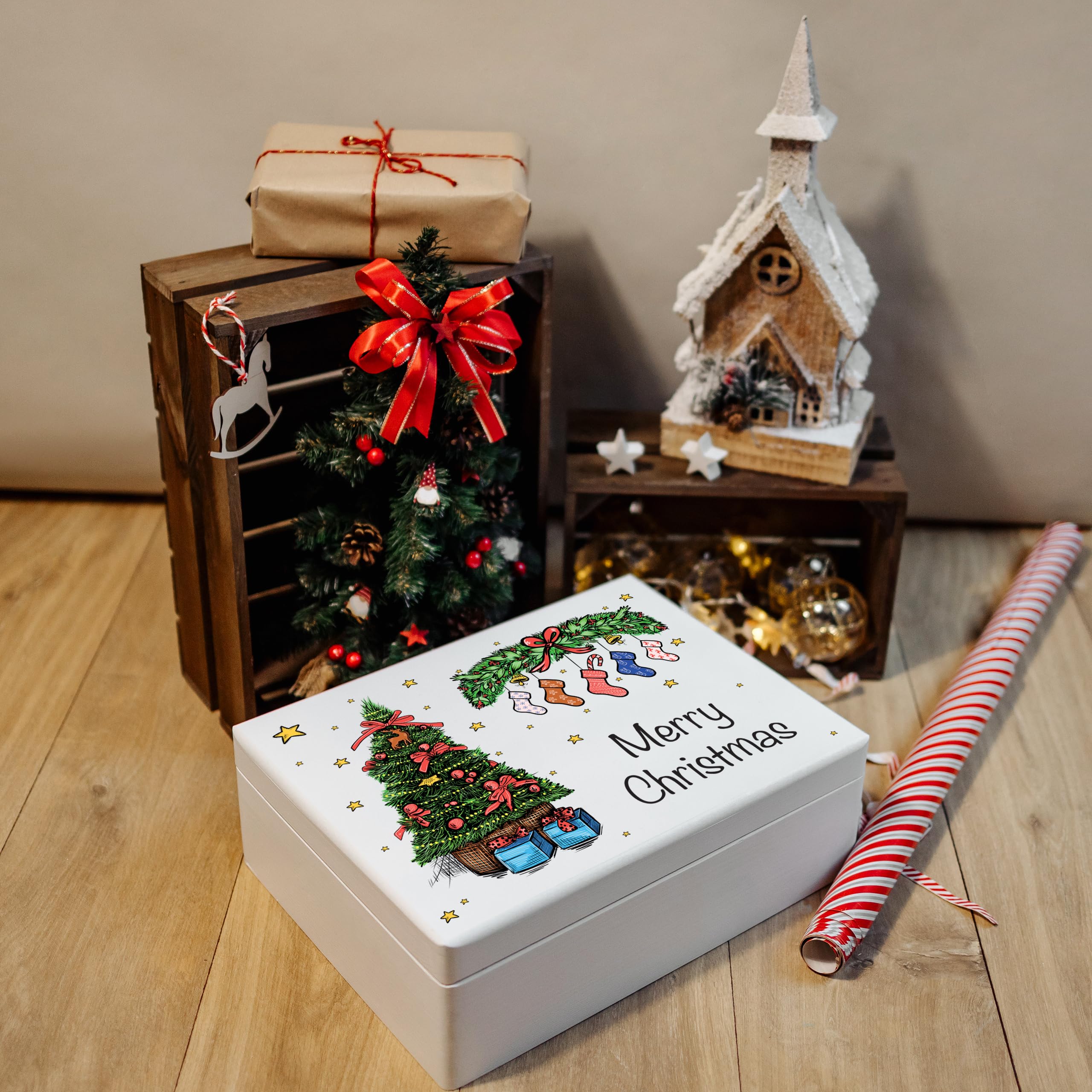 Creative Deco Boîte Noël bois Père Noël 40x30x14 cm