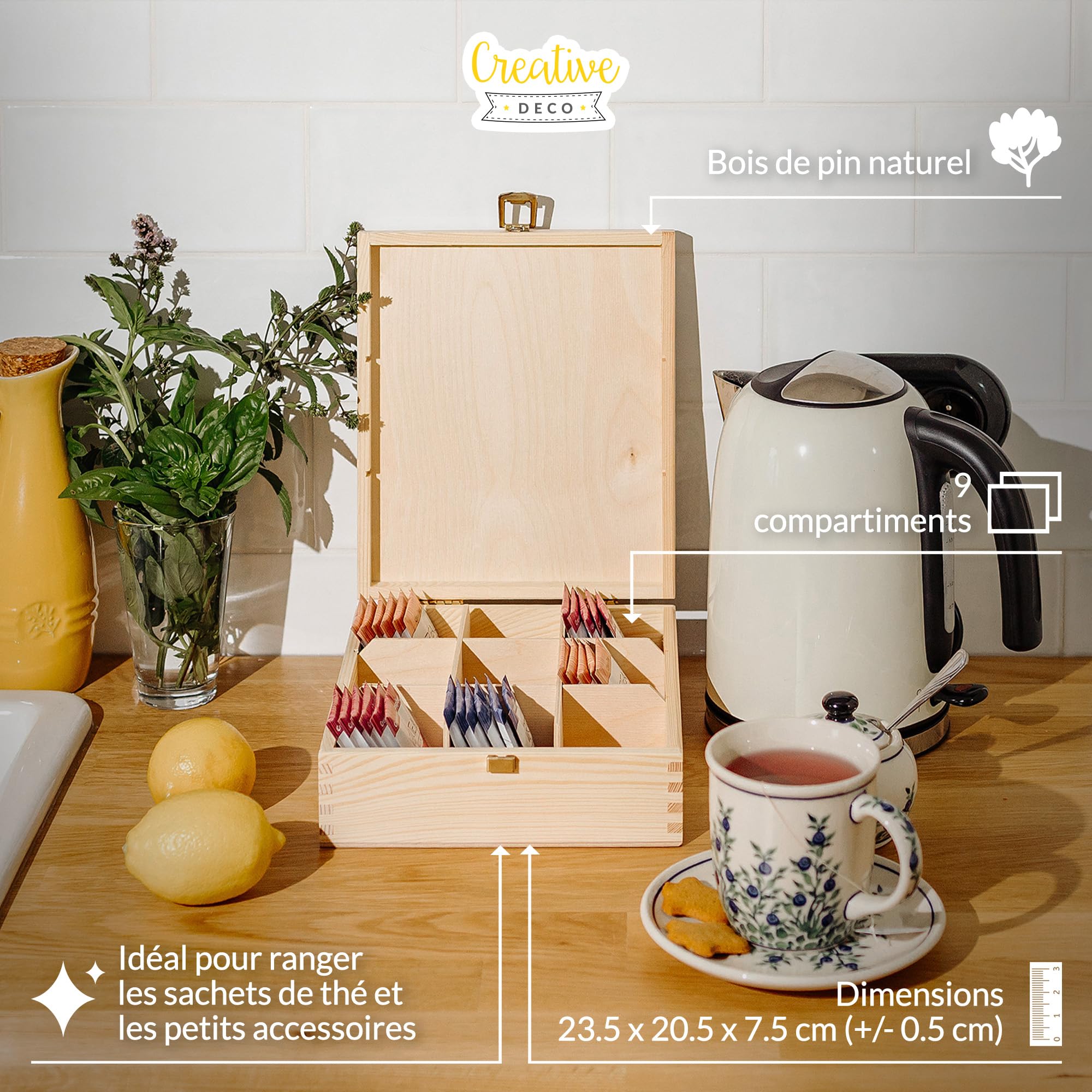 Creative Deco Boîte à Thé Bois 9 Compartiments 23,5 cm à Décorer