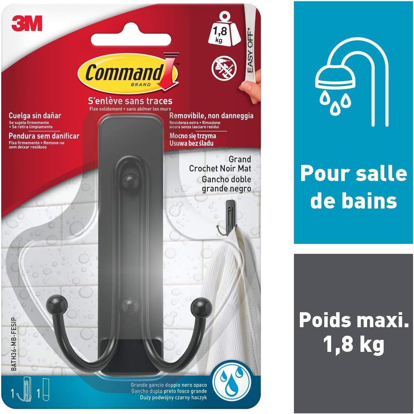 Command Salle de Bain Crochet Adhésif Noir Mat Large 1,8 kg