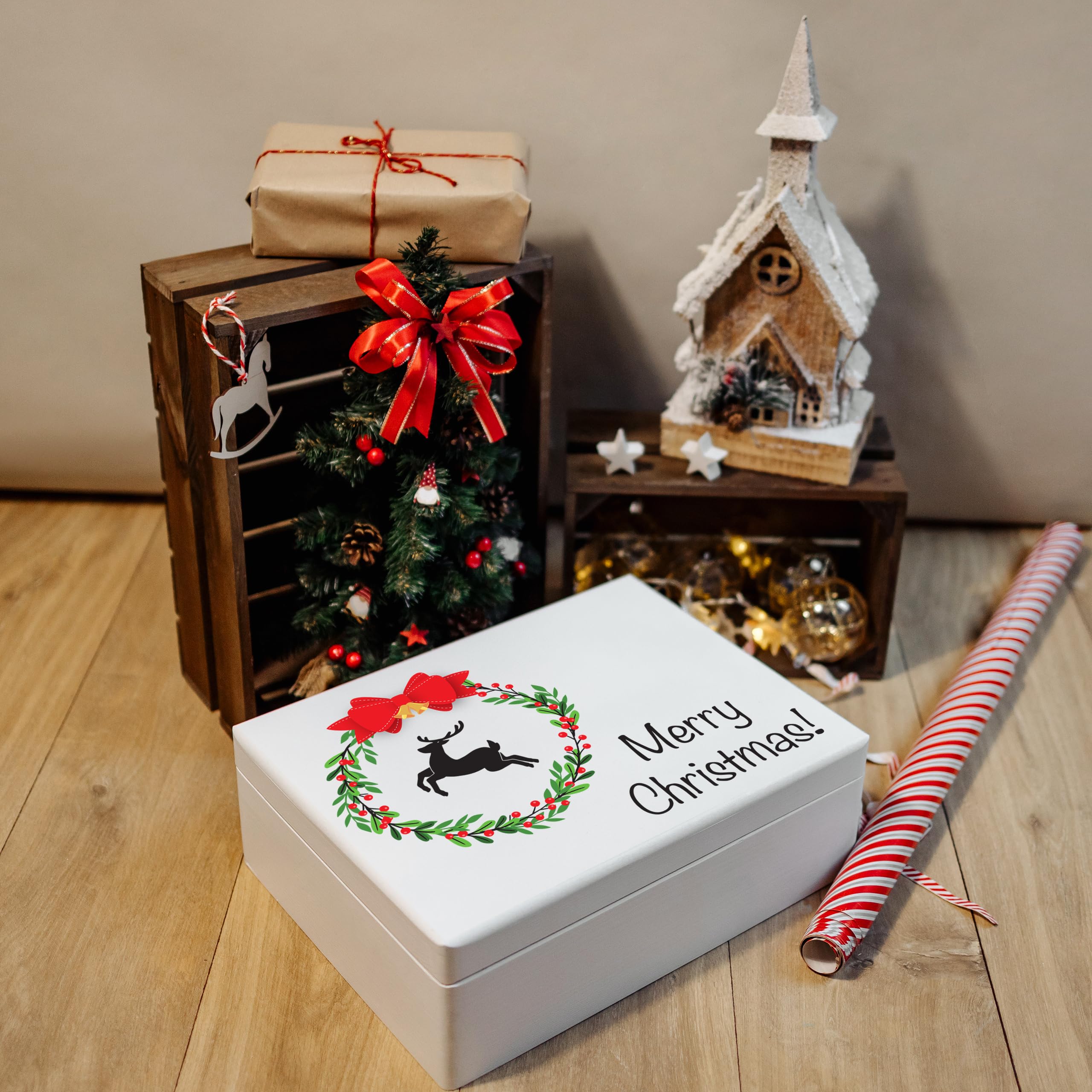 Creative Deco Boîte Noël bois cerf couronne 40x30x14 cm