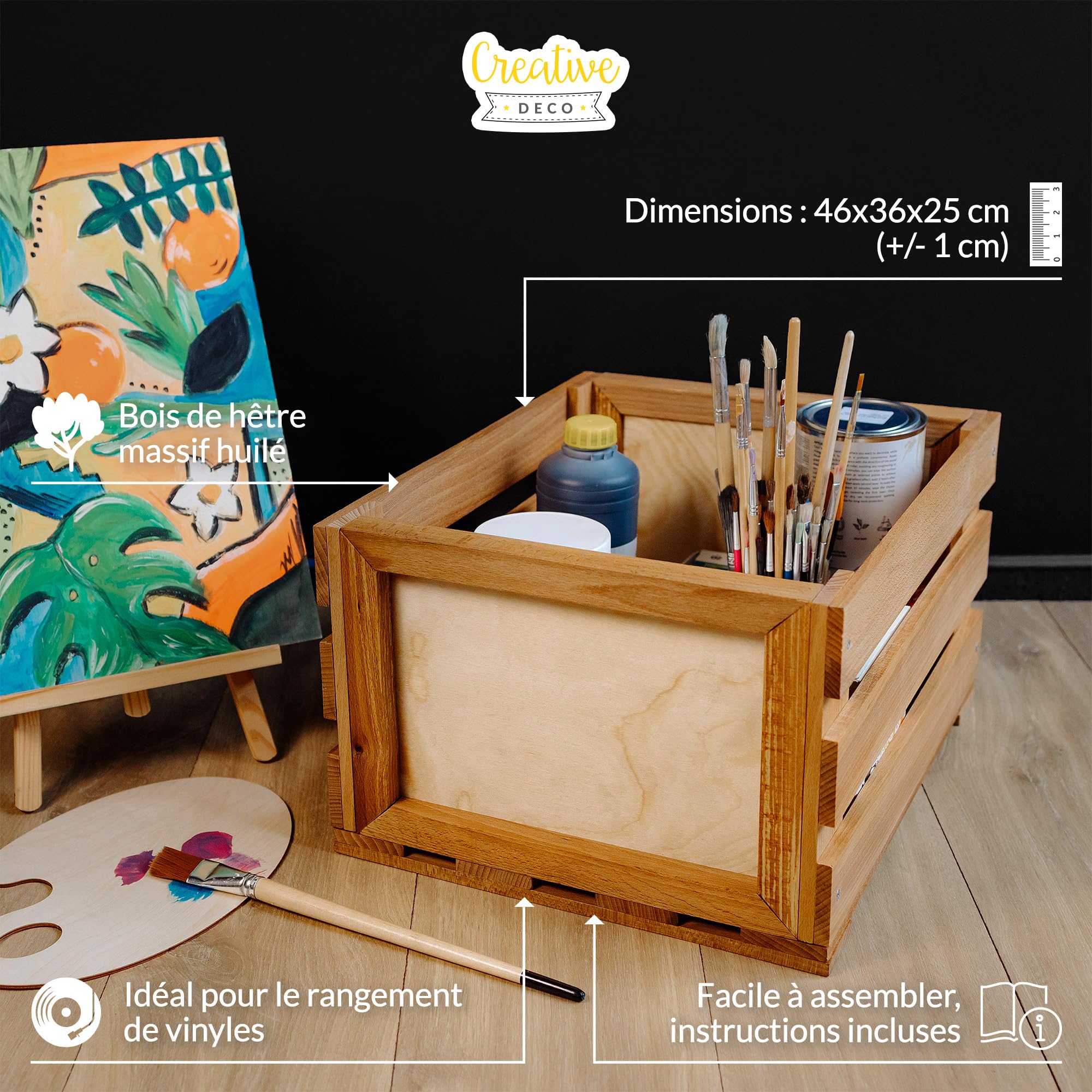 Creative Deco Caisse Bois Vinyles Hêtre 46x36x25cm