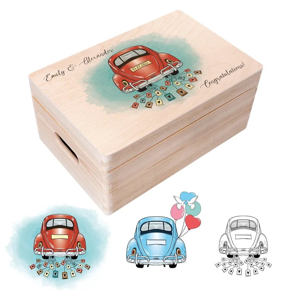 Creative Deco Boîte Mariage Voiture 30x20x14 cm bois gravé