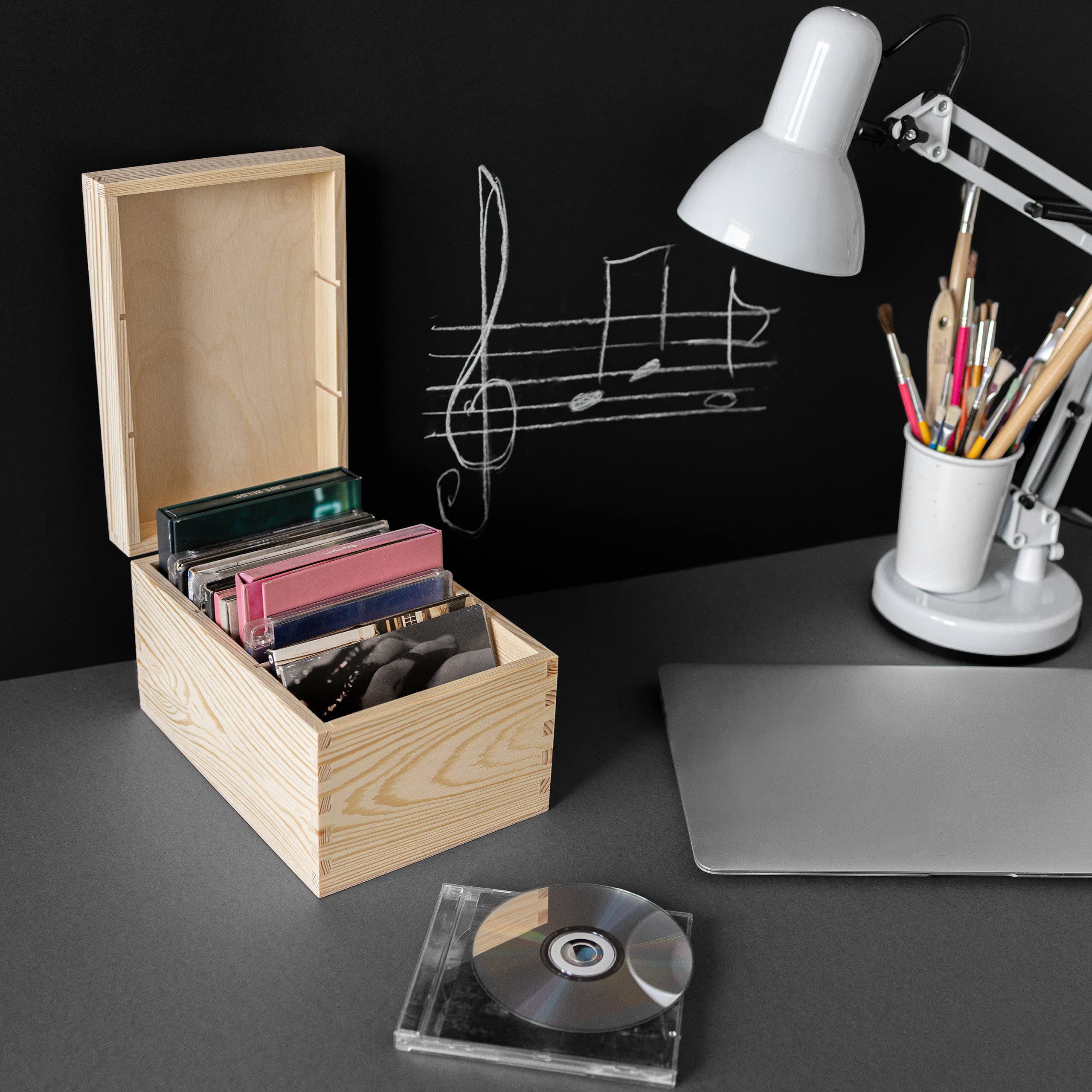 Creative Deco Boîte Bois CD DVD 16x24 cm 3 Compartiments Brute