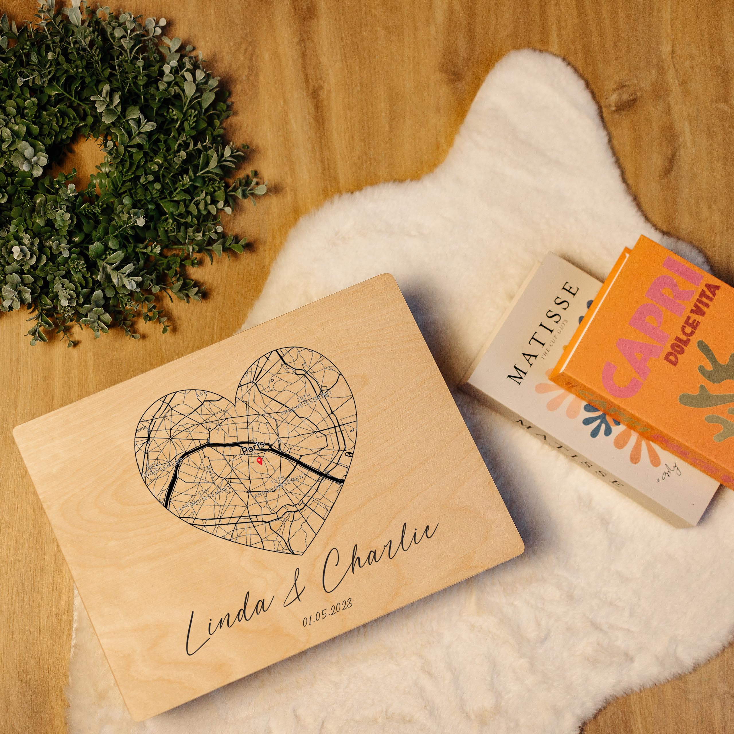 Creative Deco Boîte bois personnalisée Cœur 40x30 cm carte coordonnées
