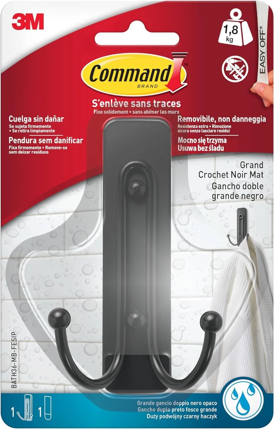 Command Salle de Bain Crochet Adhésif Noir Mat Large 1,8 kg