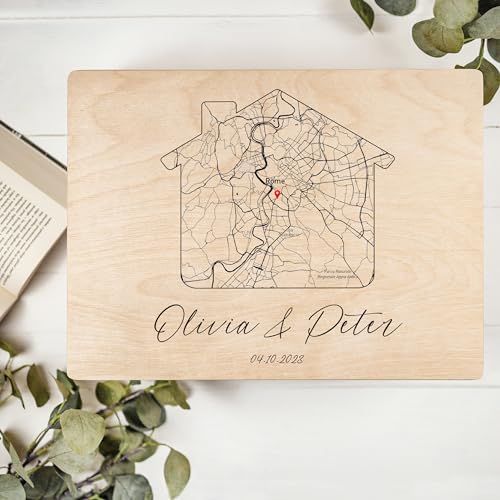 Creative Deco Boîte bois personnalisée Maison 40x30 cm carte coordonnées