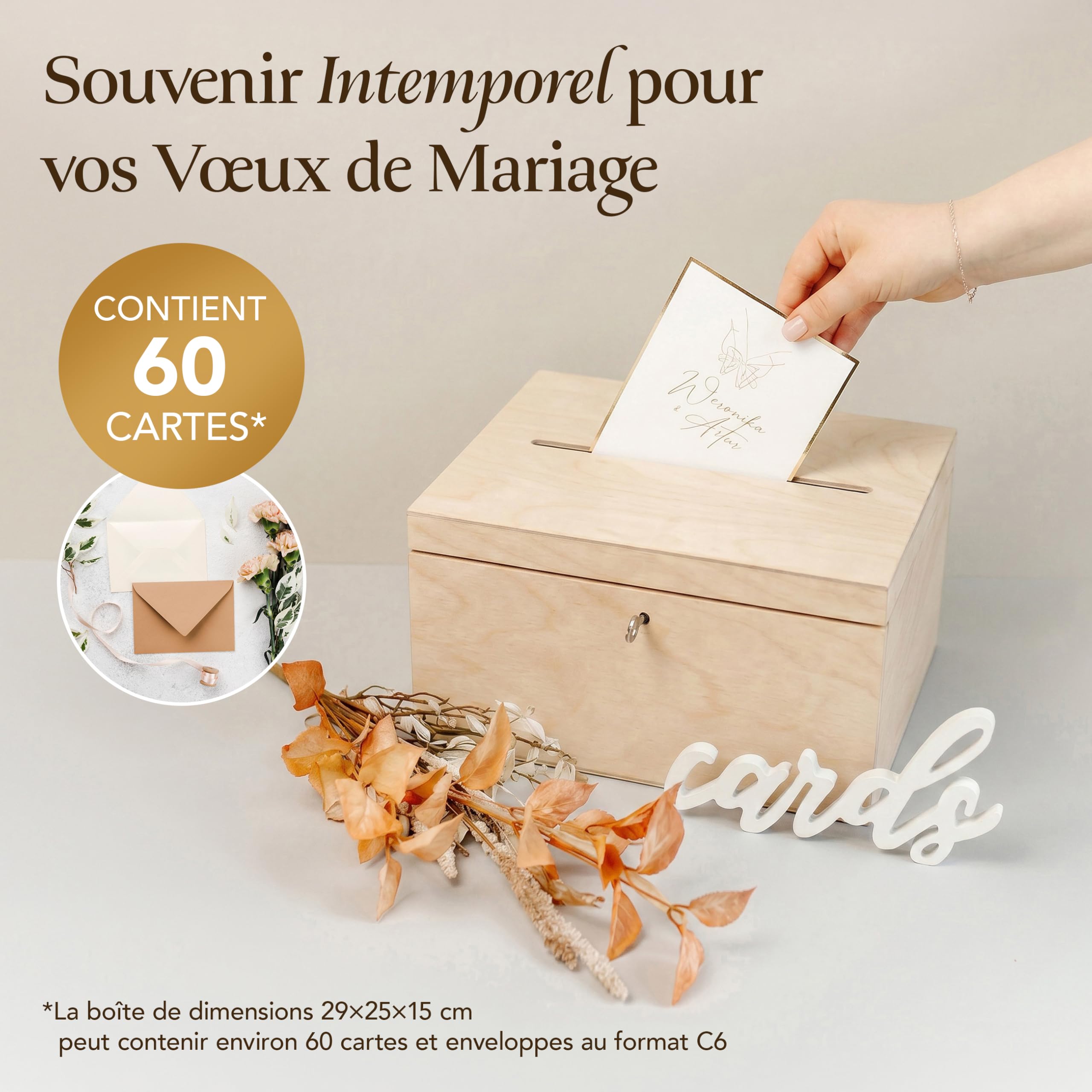 Creative Deco Urne bois 29x25x15 cm couvercle clé naturel