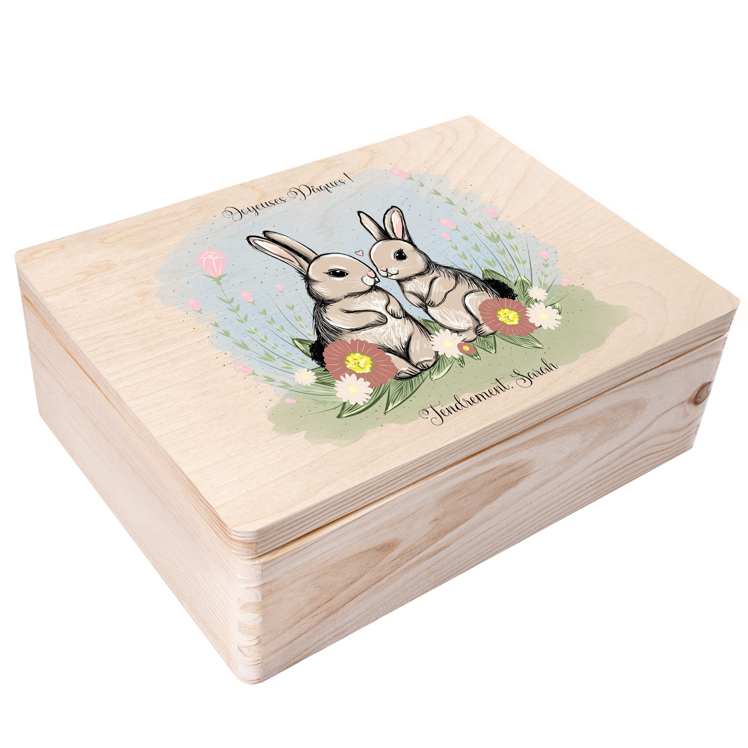 Creative Deco Boîte Pâques deux lapins bois 40x30x14 cm