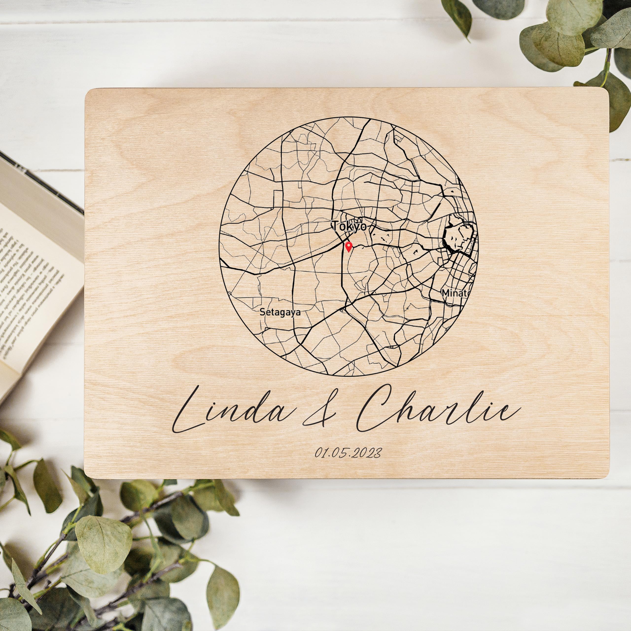 Creative Deco Carte Coordonnées boîte bois cercle 40x30 cm