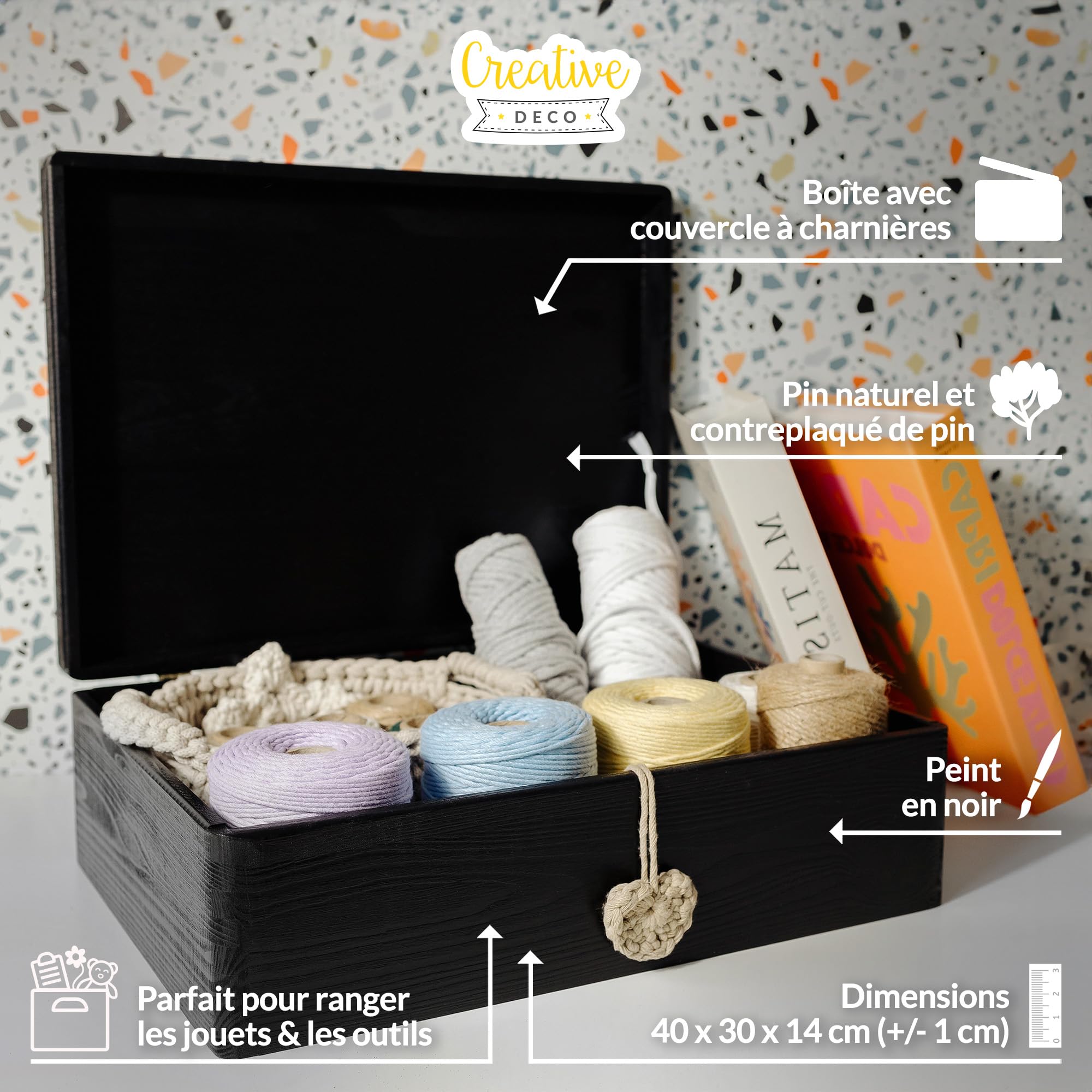Creative Deco Boîte Rangement Bois Noir 40x30x14 cm à Décorer