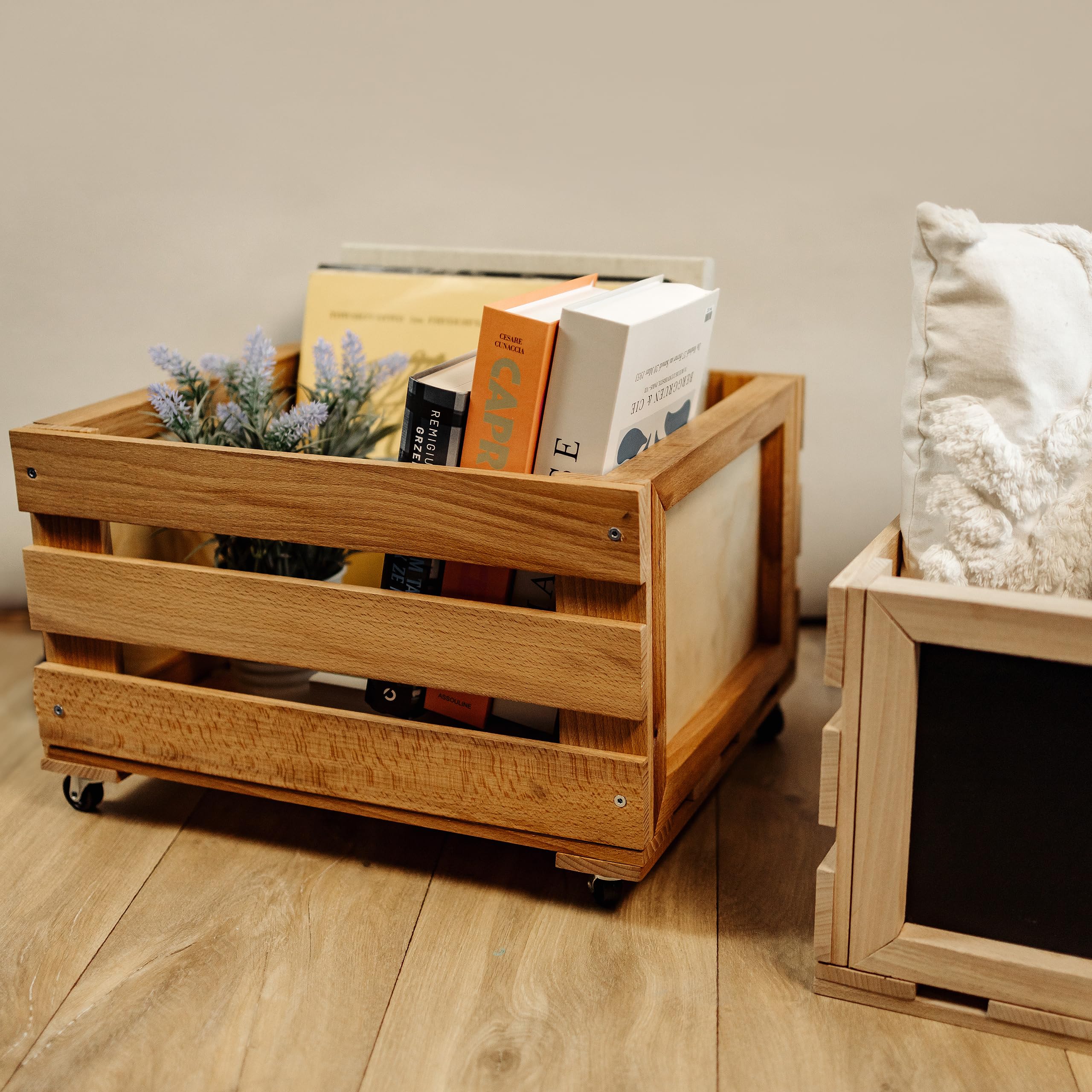 Creative Deco Caisse Bois Vinyles hêtre 46x36x29 cm 80 disques