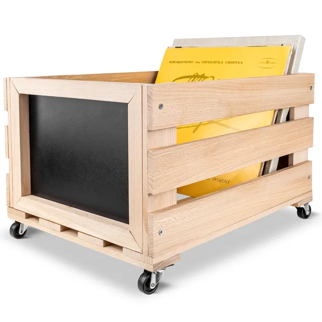 Creative Deco Caisse Bois Vinyles 46x36x29 cm hêtre roulettes