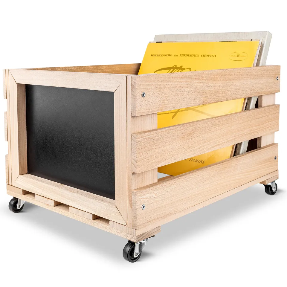 Creative Deco Caisse Bois Vinyles 46x36x29 cm hêtre roulettes