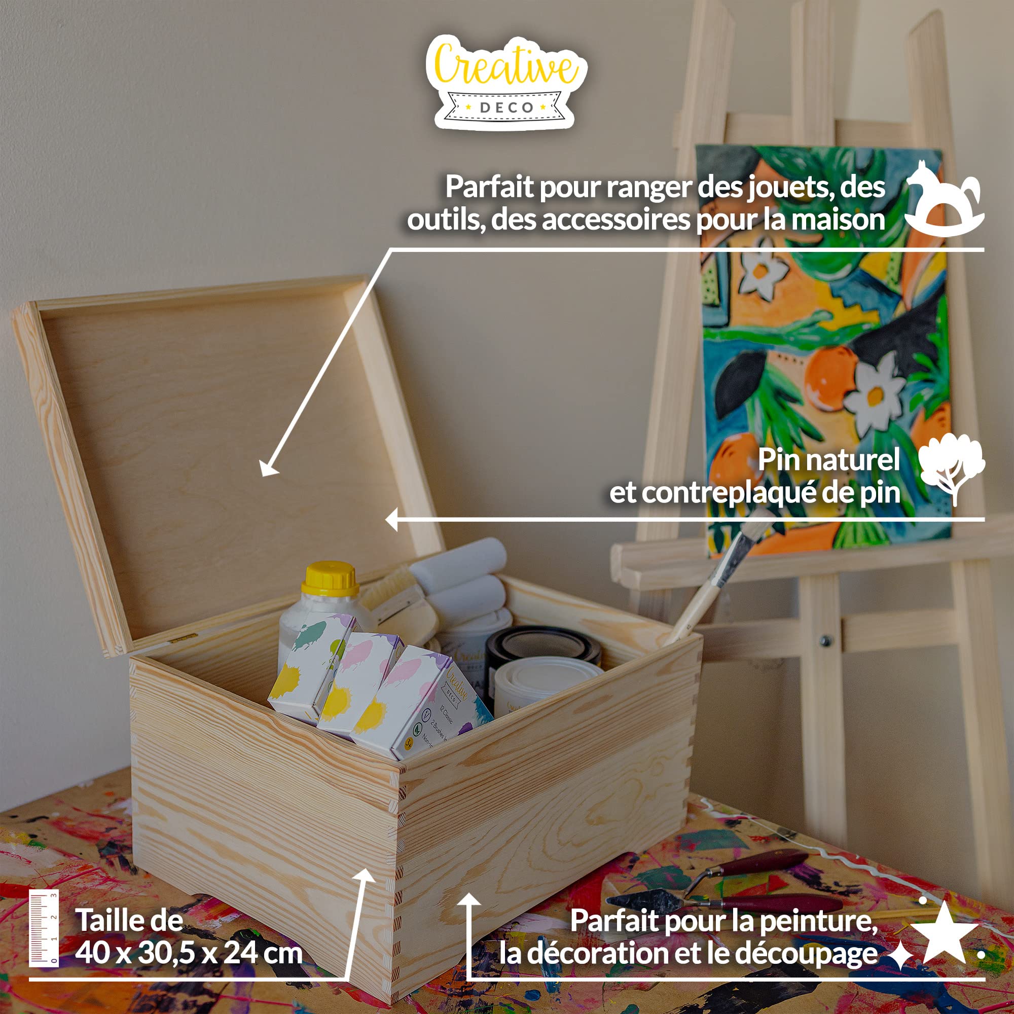 Creative Deco Coffre XXL 40x30,5x24 cm Boîte Bois Brut Couvercle