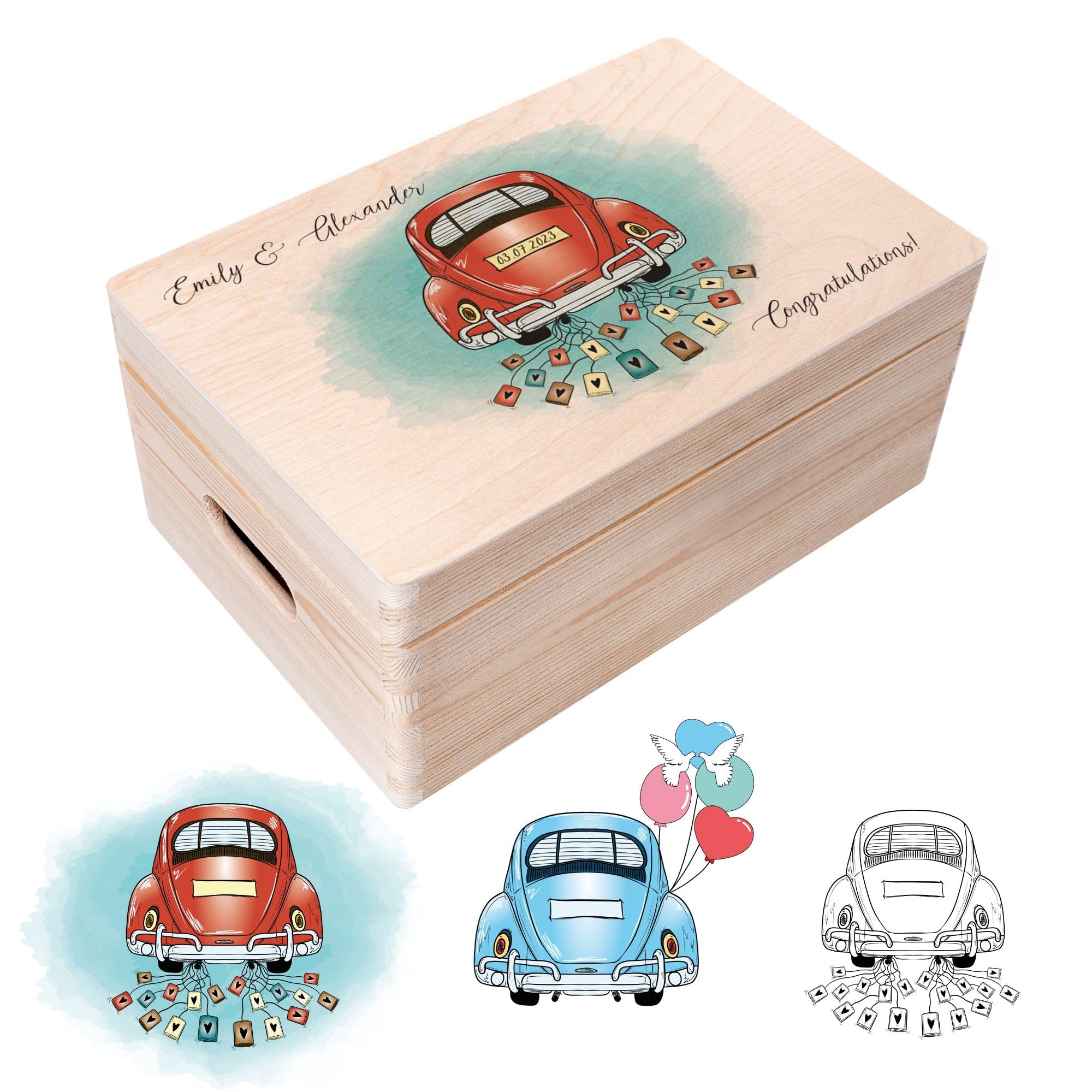 Creative Deco Boîte Mariage Voiture 30x20x14 cm bois gravé