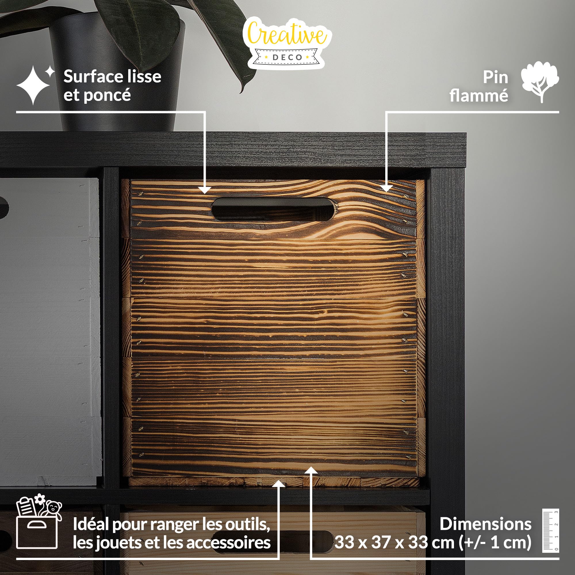 Creative Deco Wood Caisse bois flammé Kallax 33x37x33 cm